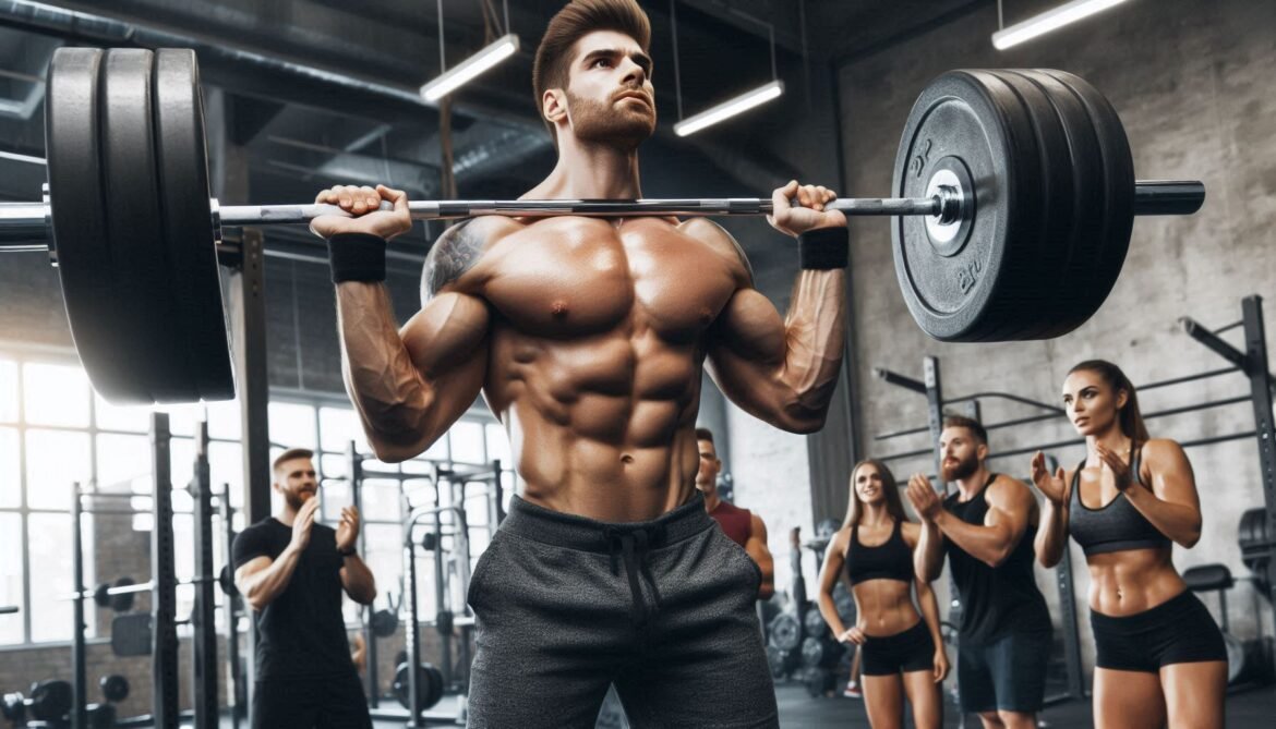 Barbell Standing Military Press Person performing a barbell standing military press targeting shoulders and upper body muscles.