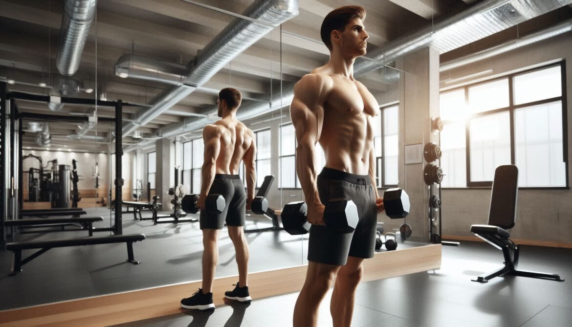 Dumbbell Lateral Raise Individual performing a dumbbell lateral raise, targeting the lateral deltoids to build shoulder width and strength in a gym setting.