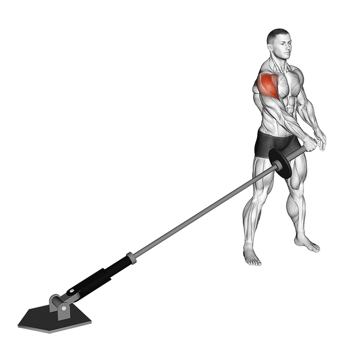Individual performing a landmine lateral raise workout, targeting the deltoid and trapezius muscles for shoulder strength and stability.