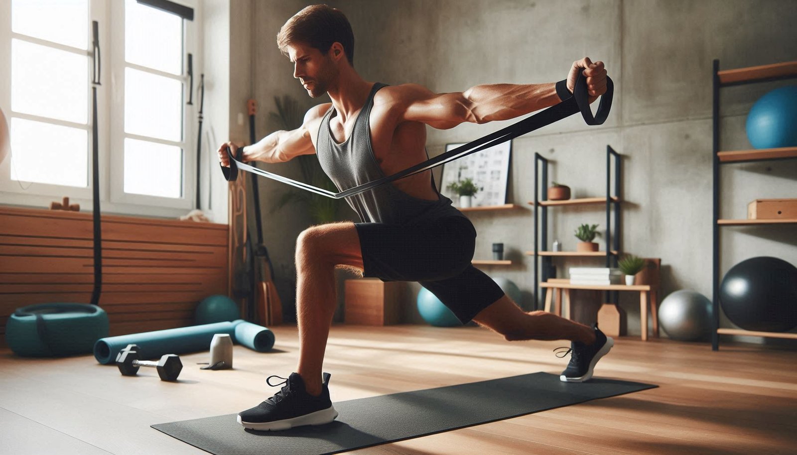 Person performing a resistance band bent-over rear delt fly in a home gym, emphasizing proper form and rear shoulder engagement.