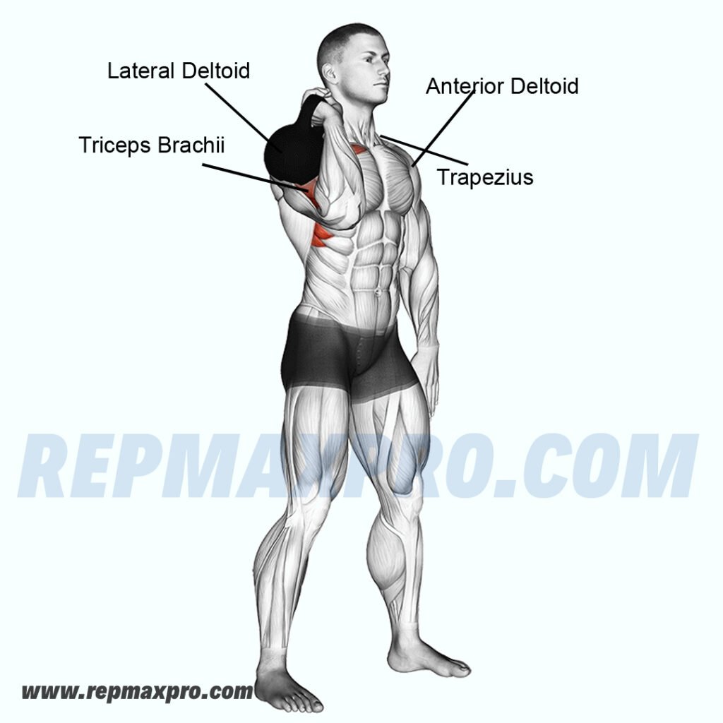 Individual performing a single-arm kettlebell shoulder press, engaging the deltoids, triceps, and stabilizing muscles for enhanced shoulder strength.