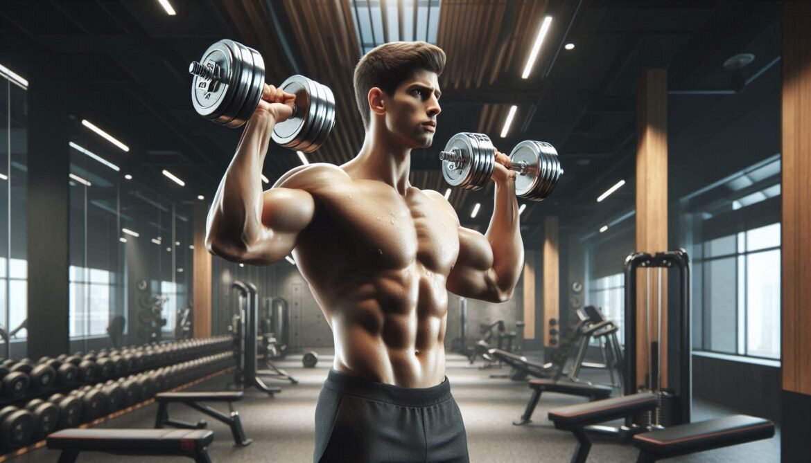 Dumbbell Shoulder Press Individual performing a dumbbell shoulder press in a gym, focusing on building shoulder strength and upper body stability.