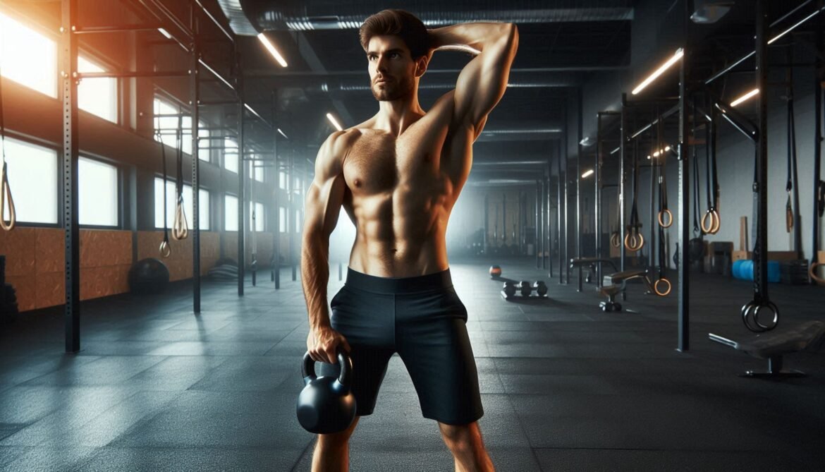Kettlebell Lateral Raise Individual performing a kettlebell lateral raise to target the lateral deltoids, enhancing shoulder width and upper body strength.