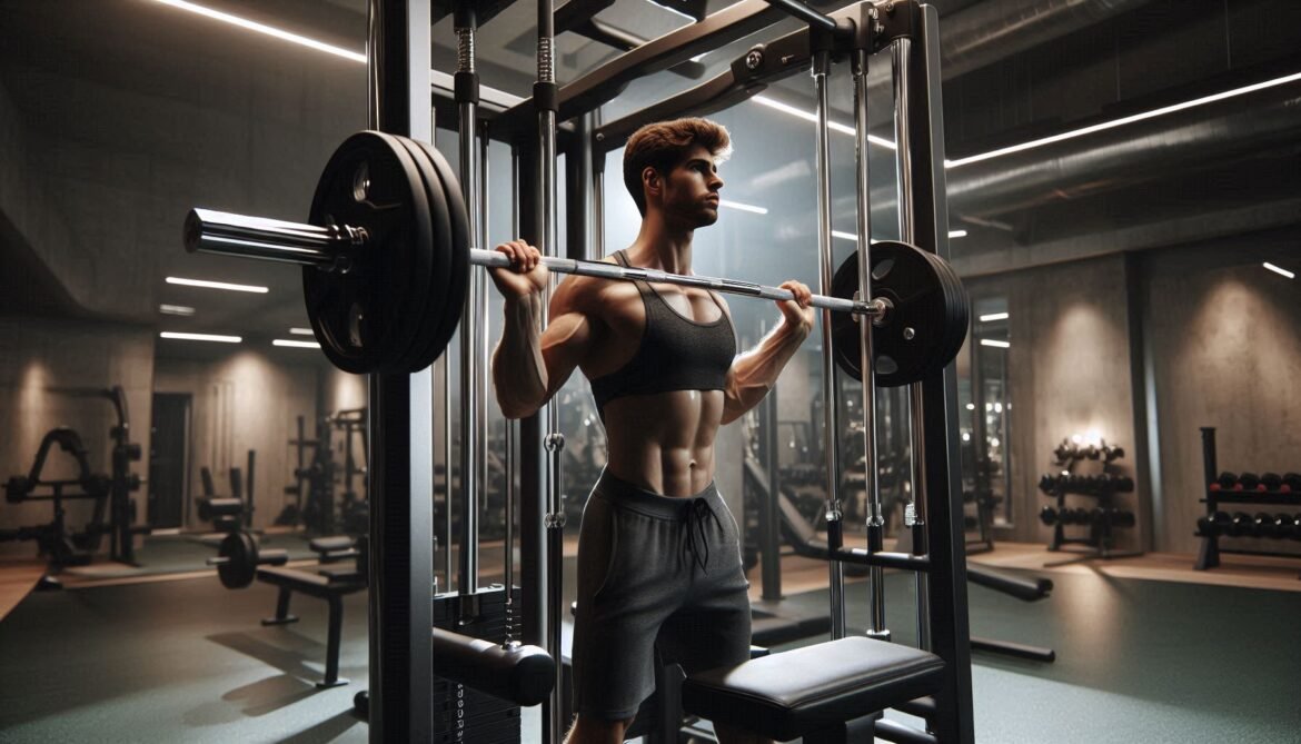 Smith Machine Upright Row Individual performing a Smith Machine Upright Row, targeting the trapezius, deltoids, and biceps for upper body strength and muscle definition.