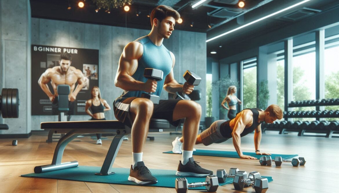 Beginner Chest Workout Program Beginner performing chest press with dumbbells and push-ups in a modern gym, focusing on proper form and chest muscle activation.