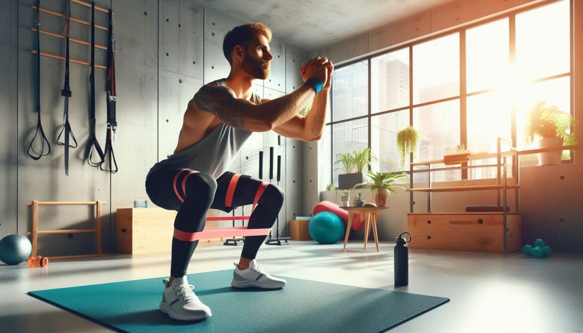 Full-Body Resistance Band Workout Individual performing a resistance band squat in a home gym or outdoor setting, focusing on proper form and muscle activation.