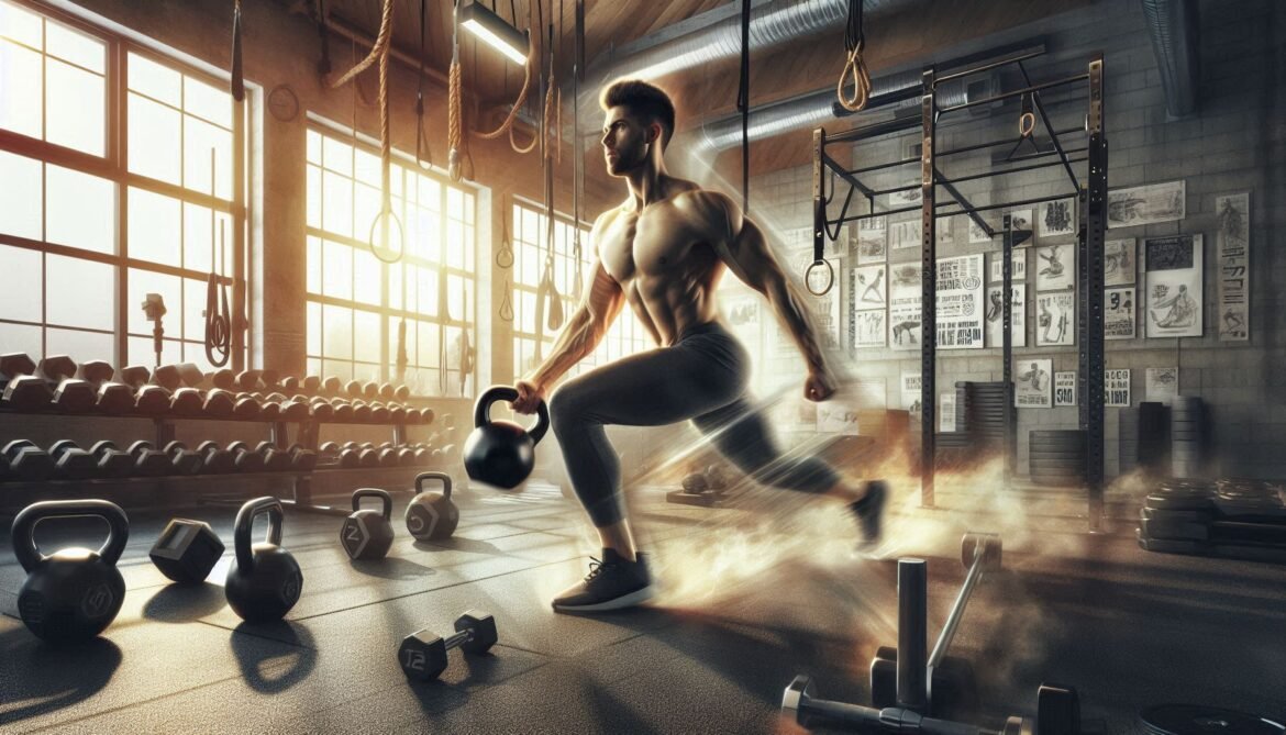 Full Body Workout Individual performing a kettlebell swing in a modern gym, showcasing a full-body workout with proper form and muscle engagement.