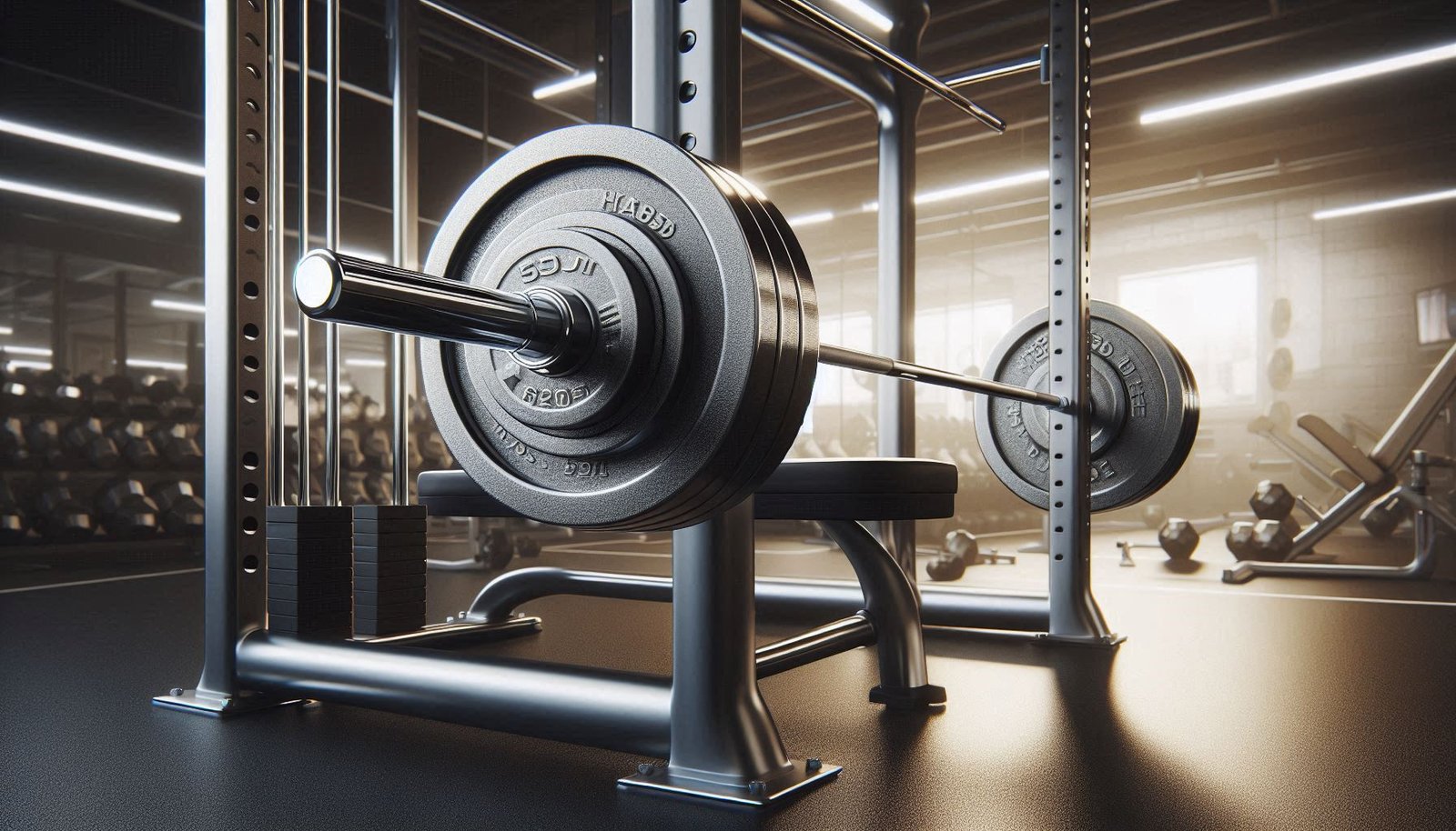 Barbell with weight plates set up on a squat rack in a gym, essential for strength training and weightlifting.