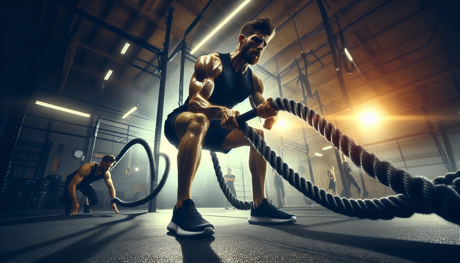 Person performing intense battle rope waves exercise in a gym, focusing on strength and endurance.