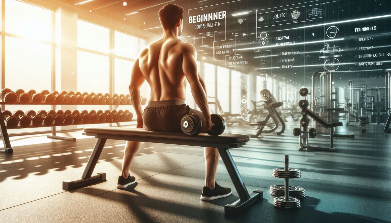 Beginner performing foundational bodybuilding exercises in a gym, including bench press and dumbbell curls as part of a beginner bodybuilding program.