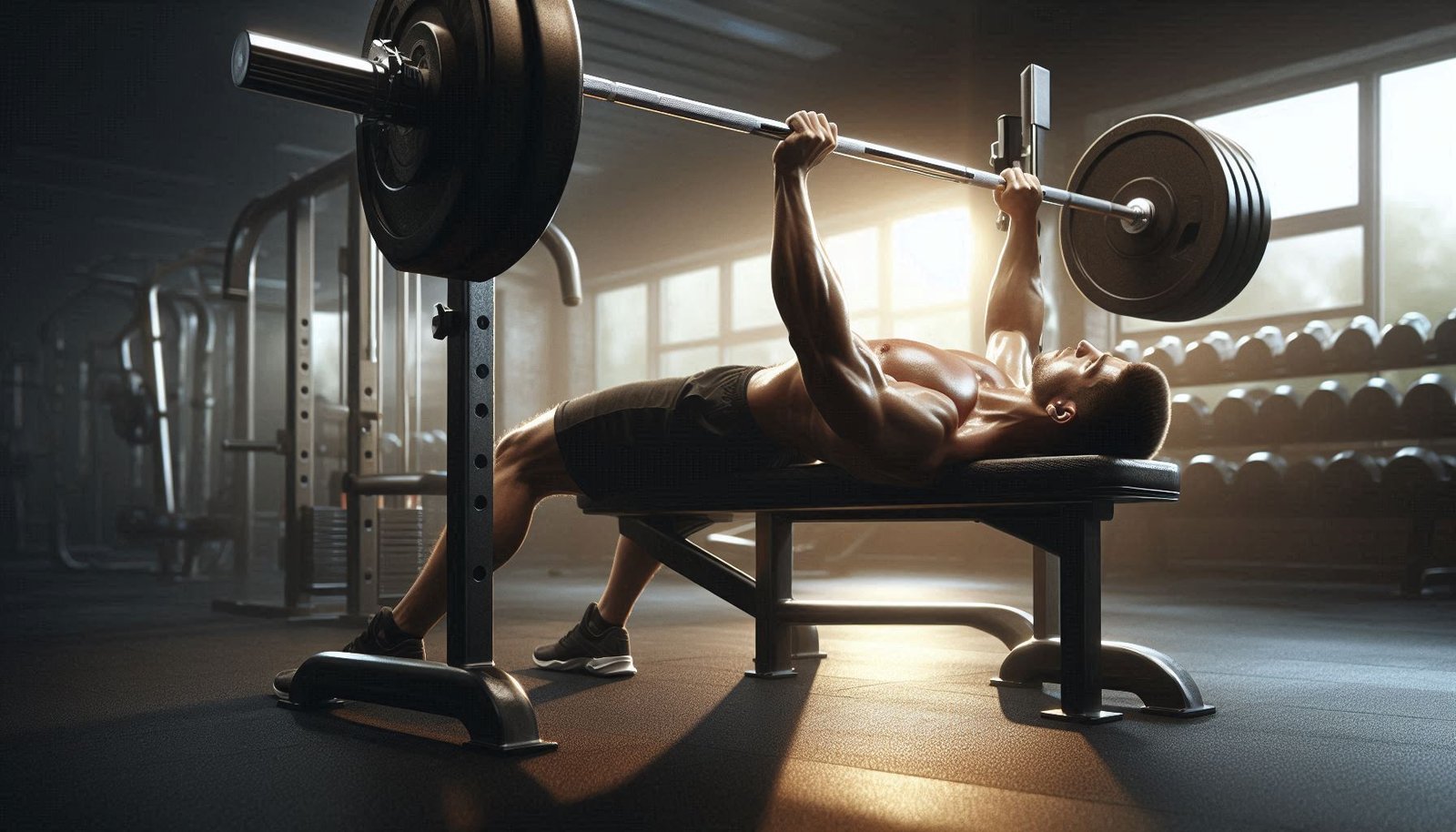 Person performing a bench press with a barbell, focusing on chest, shoulder, and tricep strength.