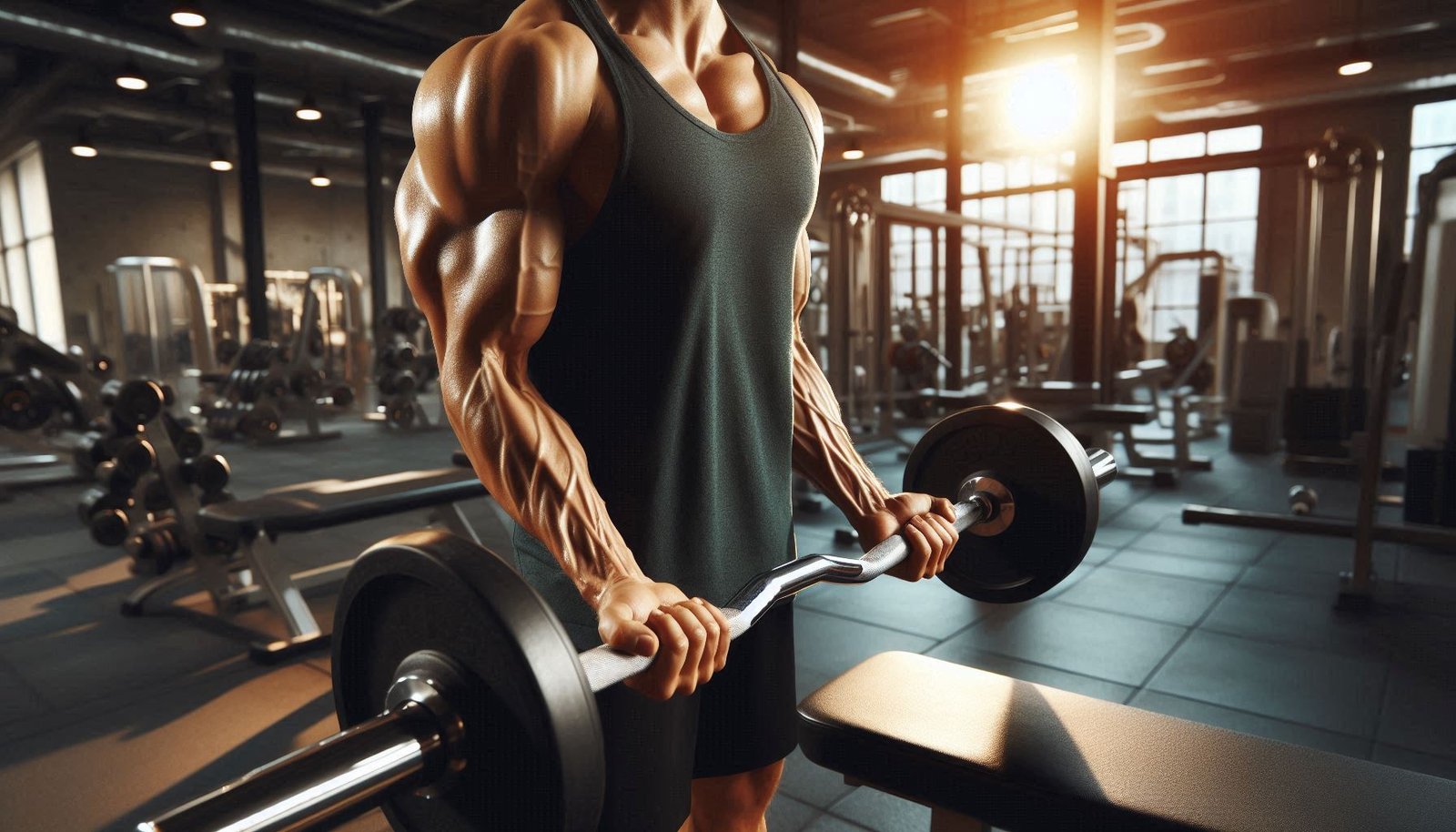 Individual performing a bicep curl with dumbbells in a gym, emphasizing muscle engagement and strength development.