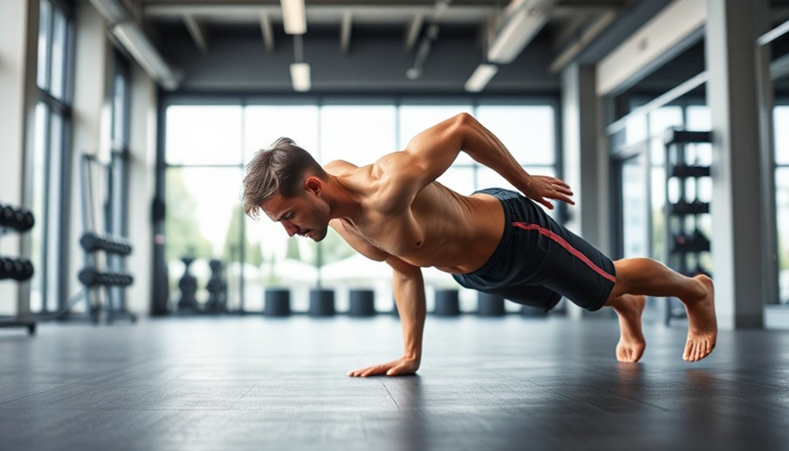 Person performing bodyweight exercises like push-ups, squats, and planks in a gym or outdoor fitness environment.