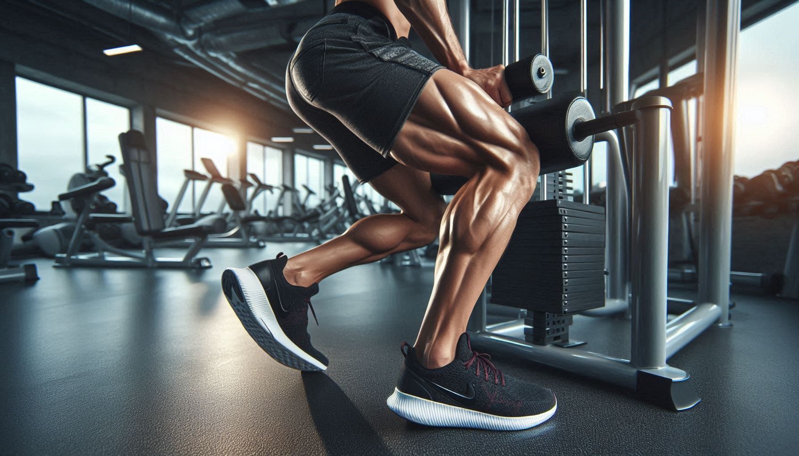 Individual performing a standing calf raise, focusing on calf muscle activation and lower leg strength.