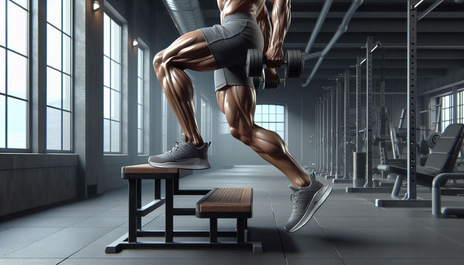 Person performing a calf raise exercise with weights, focusing on strengthening and defining the calf muscles.