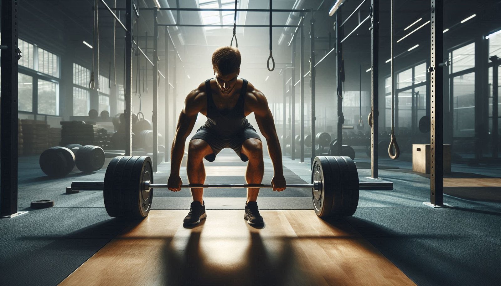 Person performing a deadlift with a barbell, focusing on full-body strength and form.