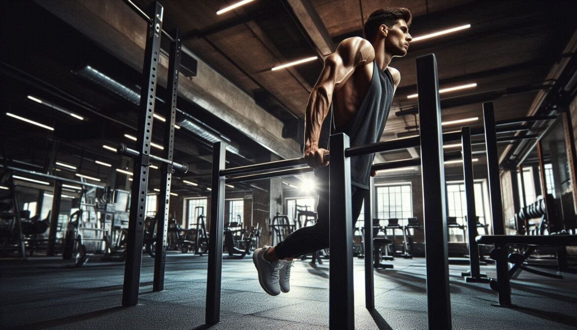 Dips Exercise Person performing dips exercise on parallel bars, focusing on upper body strength and tricep engagement.