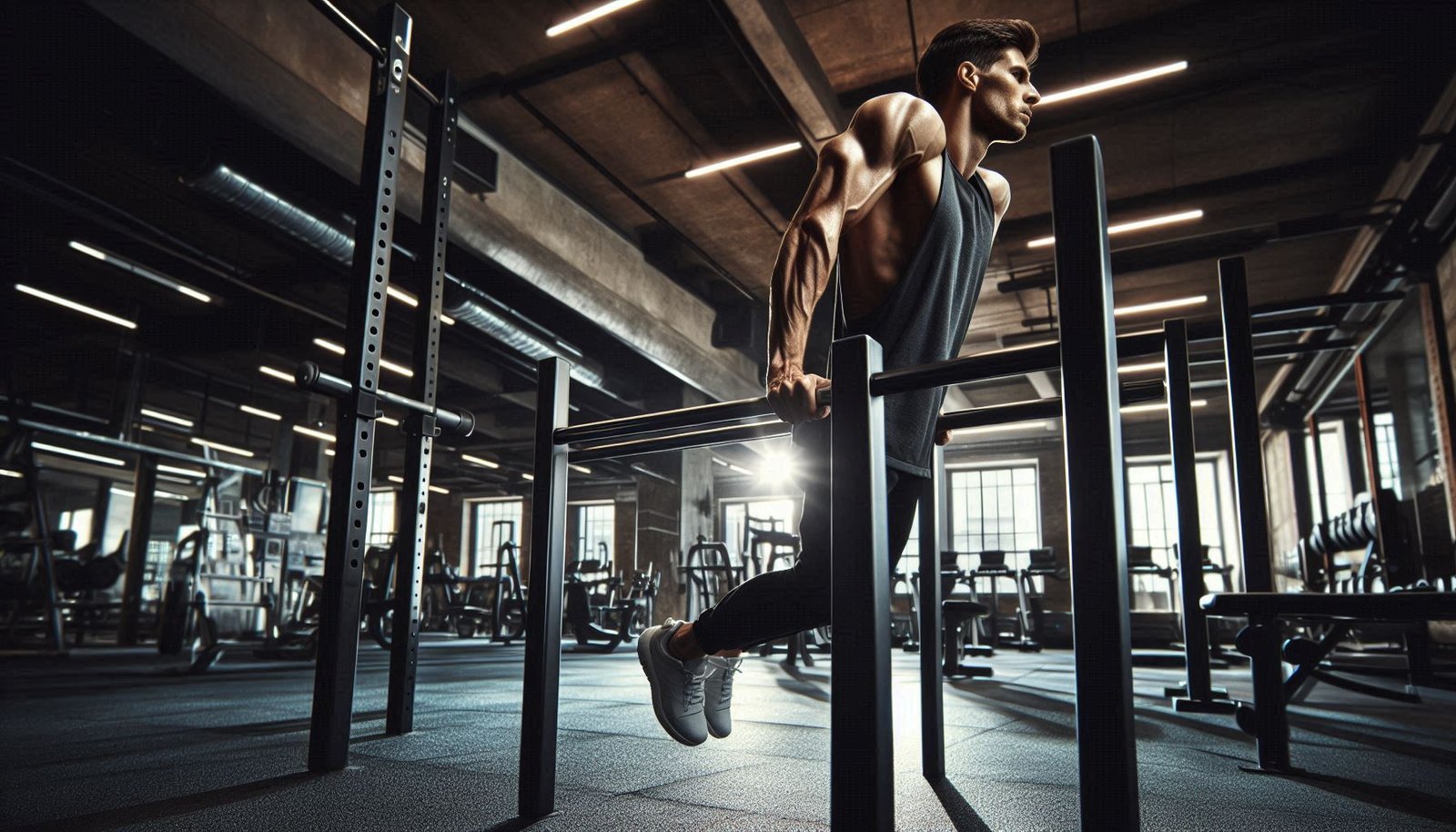 Person performing dips exercise on parallel bars, focusing on upper body strength and tricep engagement.