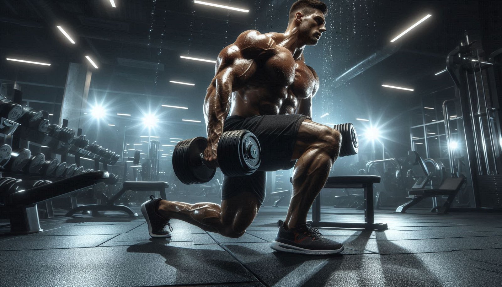 Bodybuilder performing drop sets with dumbbells in a modern gym, showcasing muscle intensity and progressive overload.