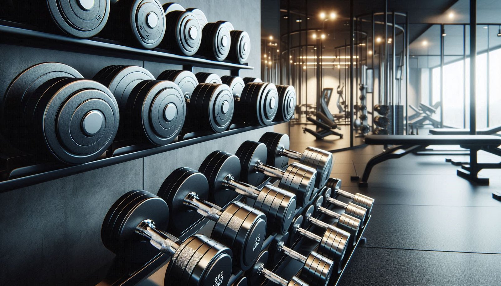 Set of dumbbells in various weights arranged on a rack in a gym, ideal for strength training and workouts.