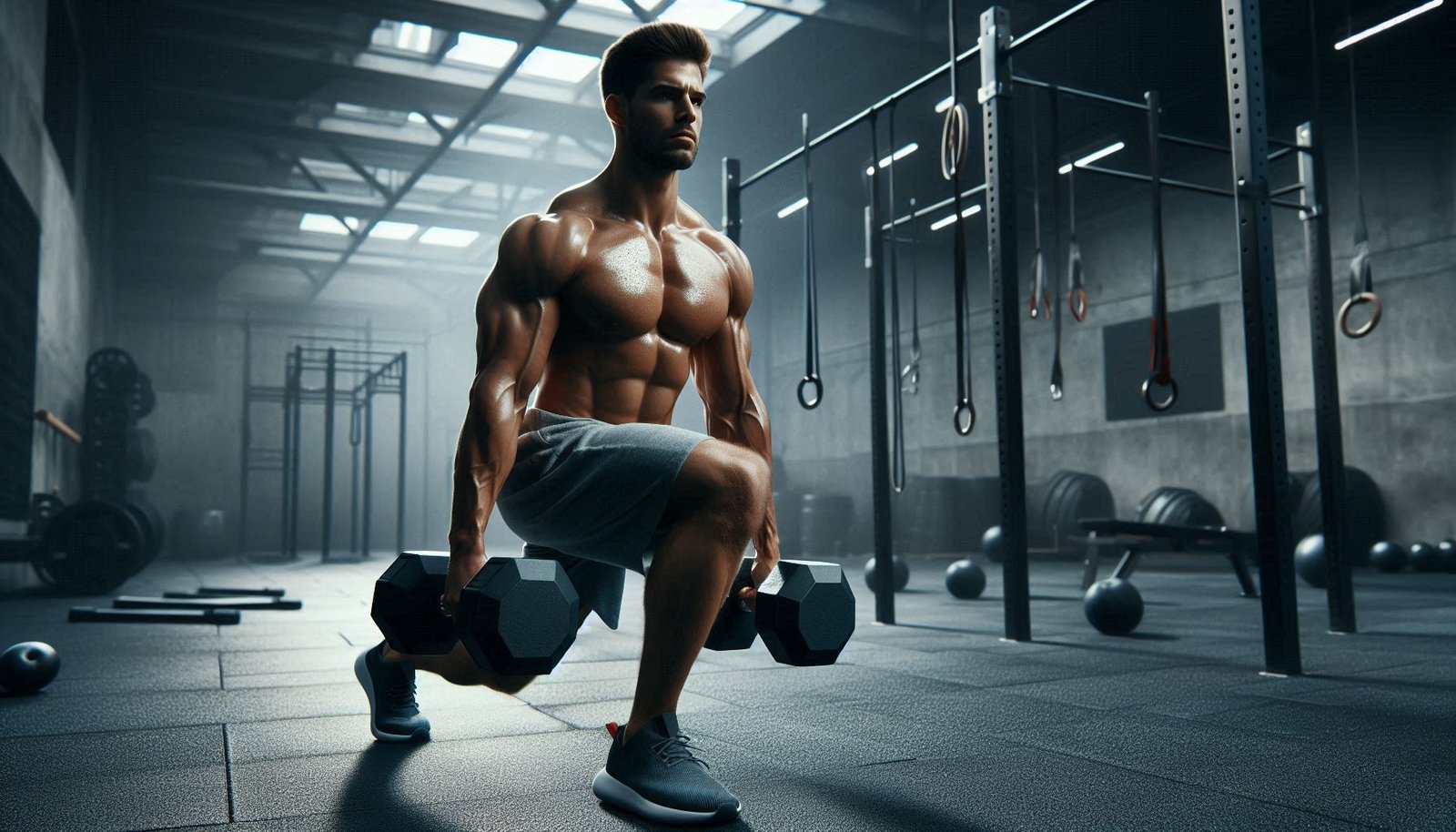 Person performing the farmer's walk exercise with heavy dumbbells, focusing on full-body strength and endurance.