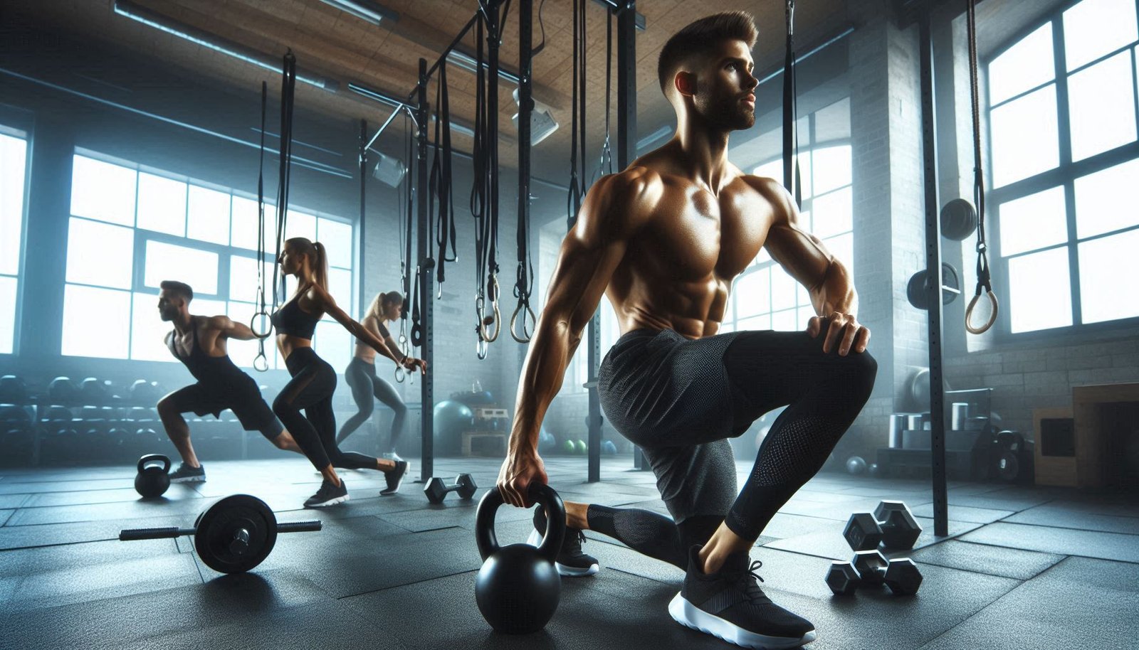 Person performing dynamic full body exercises in a gym, focusing on strength and conditioning as part of a full body workout program.