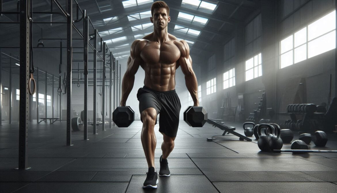 Full-Body Workout Session Group of people performing full-body workout exercises in a modern gym with diverse equipment and a motivational atmosphere.
