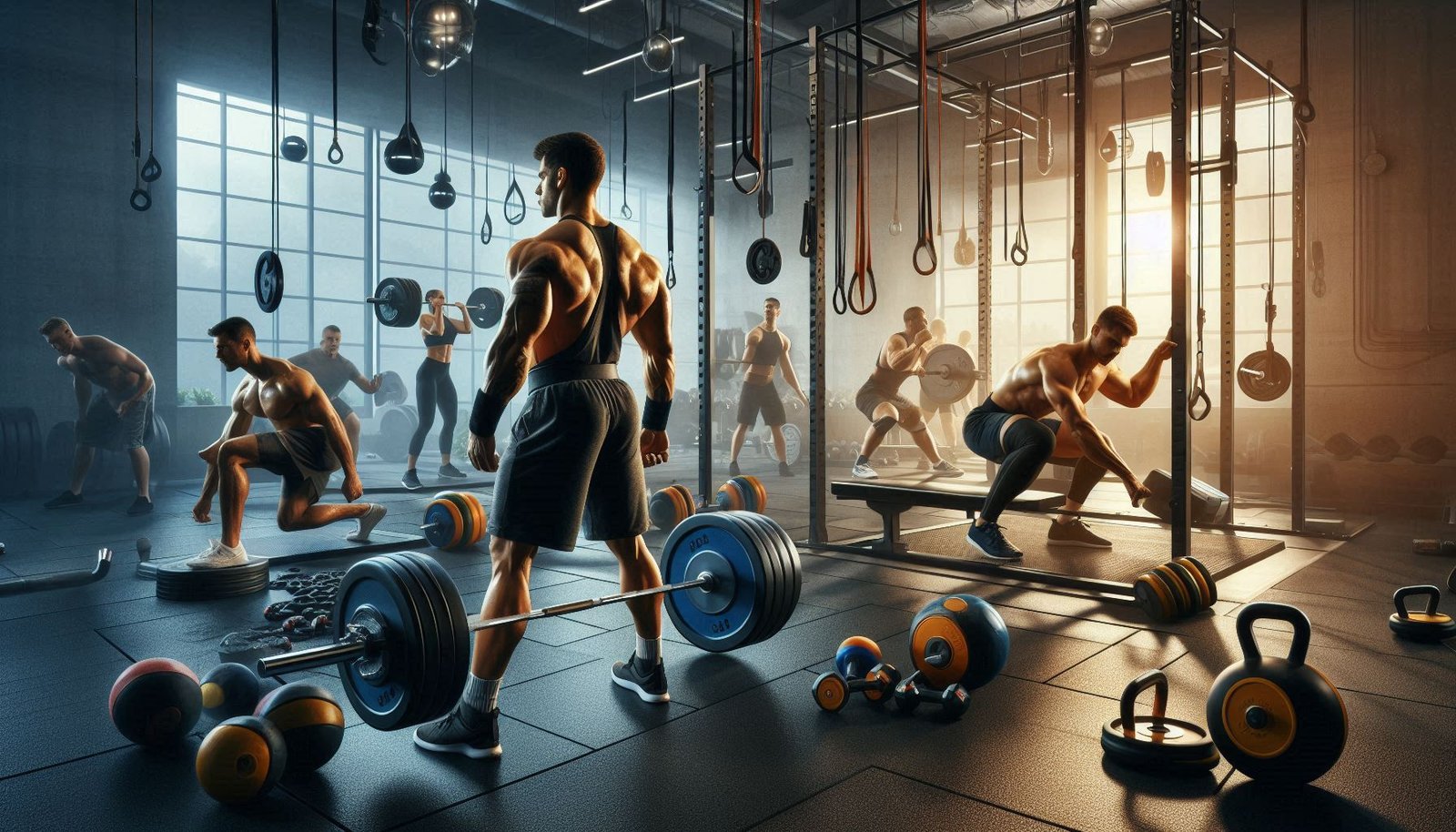 Side-by-side comparison of high-volume and low-volume training in a modern gym, featuring endurance-focused and strength-focused workouts.