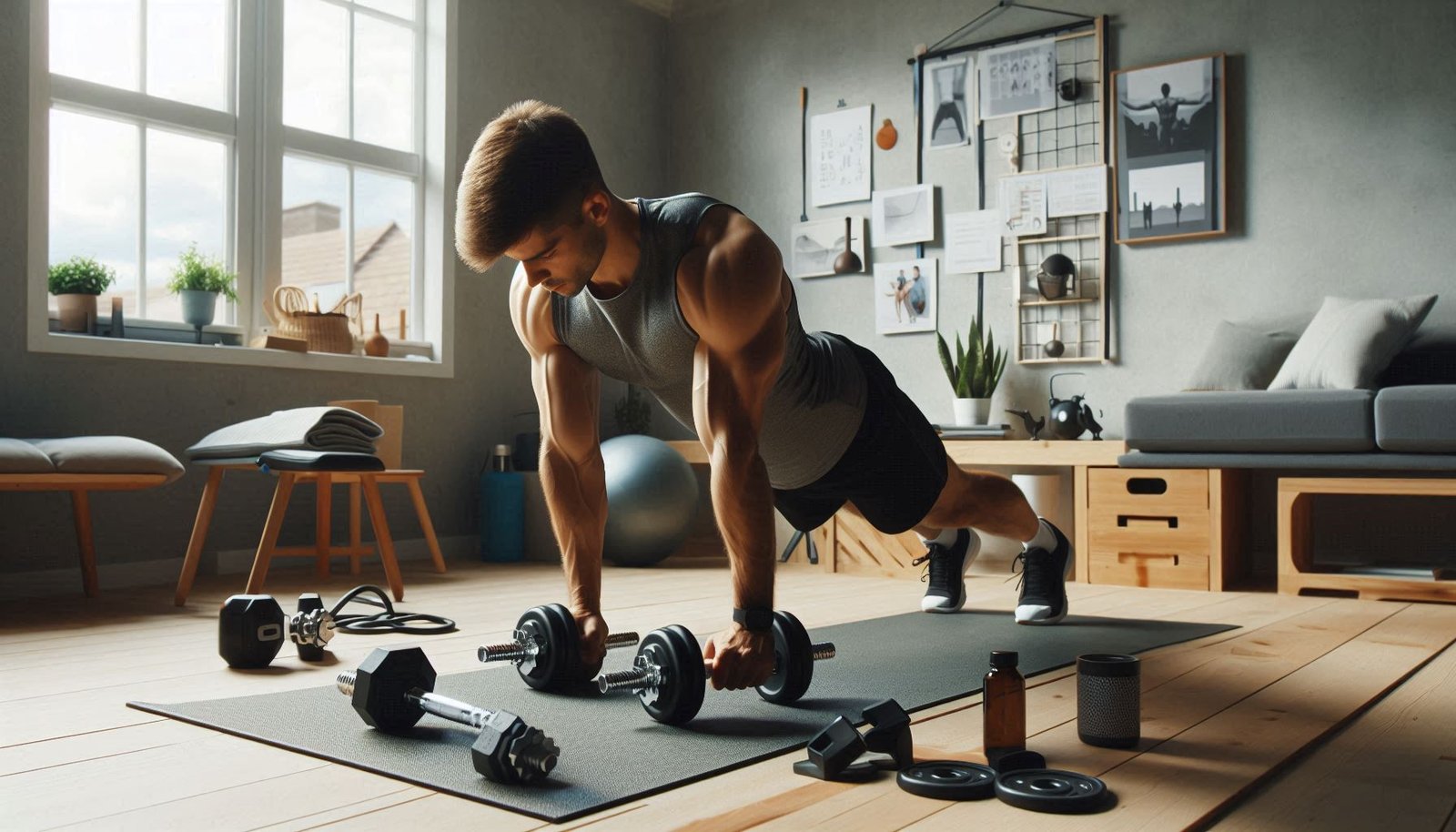 Person performing strength exercises at home with dumbbells, focusing on a home bodybuilding program for muscle growth and fitness.