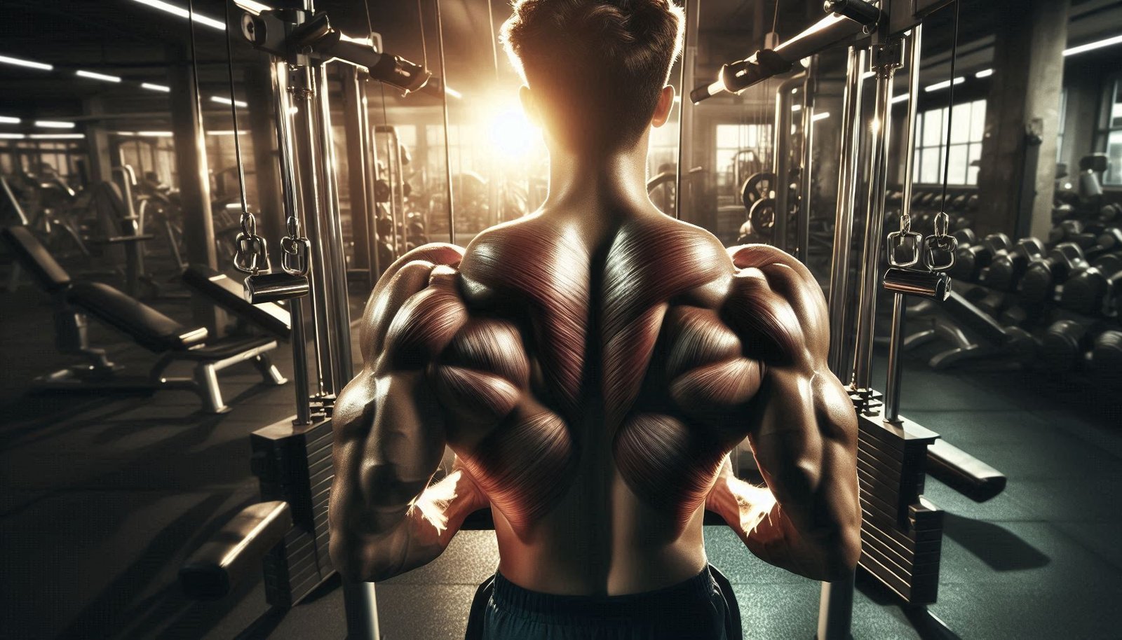 Individual performing a lat pulldown in a gym, focusing on back muscle engagement and strength.