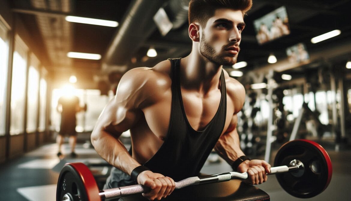 Lower Chest Workout Individual performing a decline dumbbell press on a decline bench in a modern gym, focusing on lower chest muscle activation.