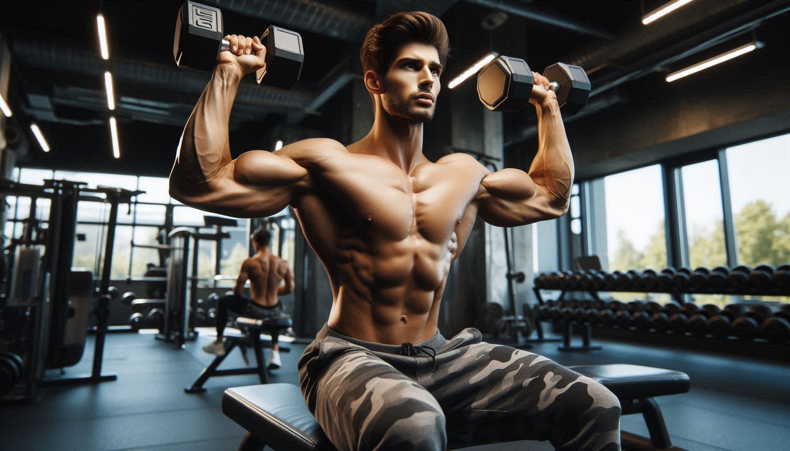 Person performing an overhead press exercise with dumbbells in a gym, focusing on shoulder and upper body strength.