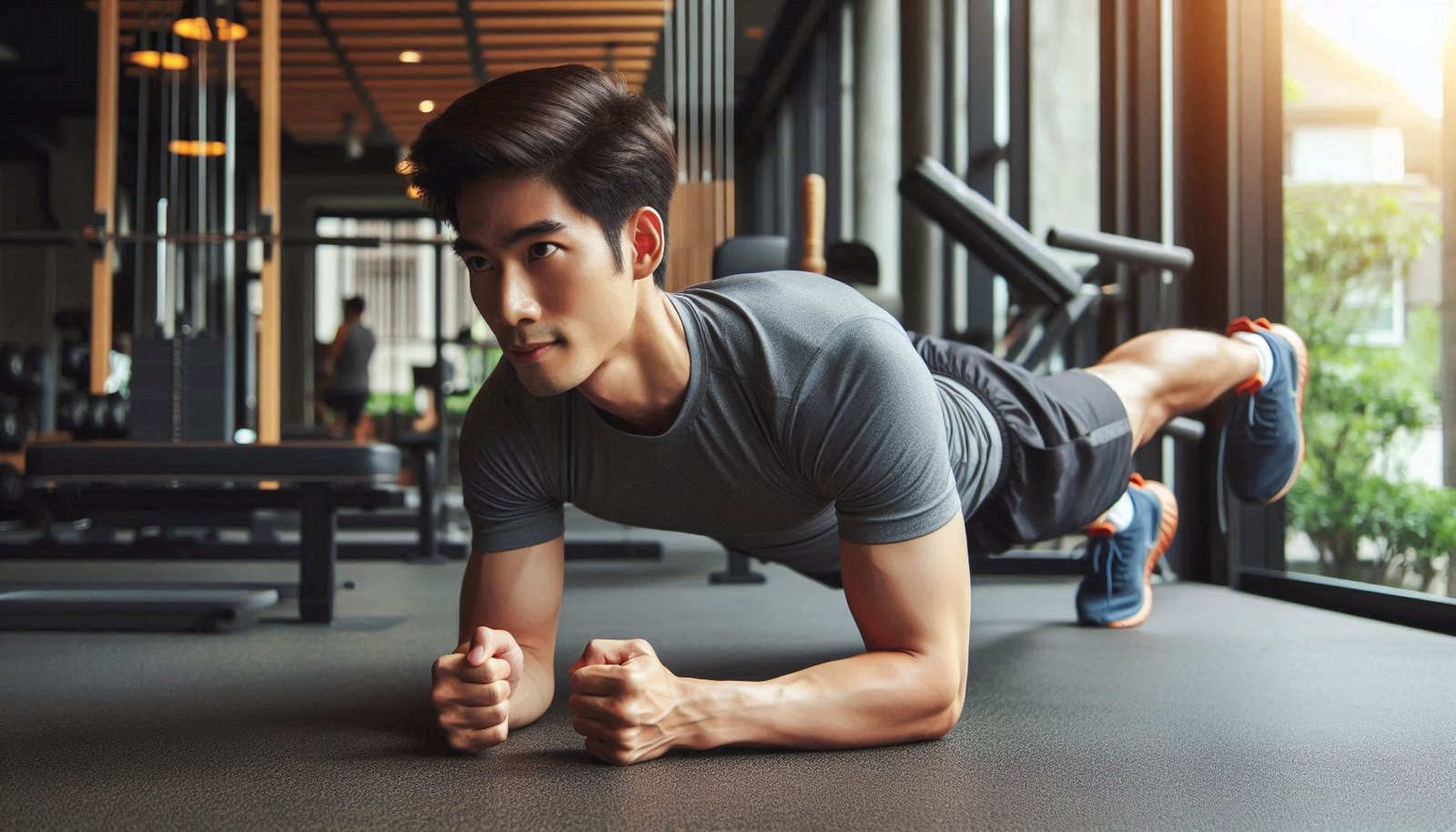 Person holding a plank position, focusing on core strength and stability.