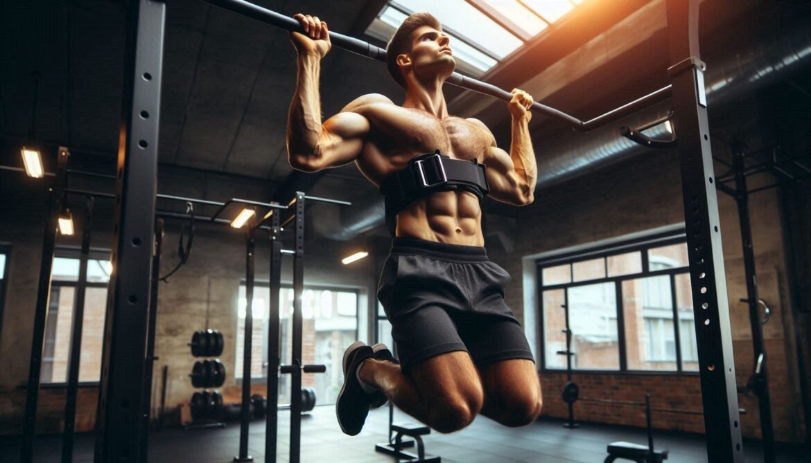 Power Hypertrophy Upper Lower (PHUL) Method Individual performing a weighted pull up in the gym, demonstrating the Power Hypertrophy Upper Lower (PHUL) method for balanced strength and muscle development.