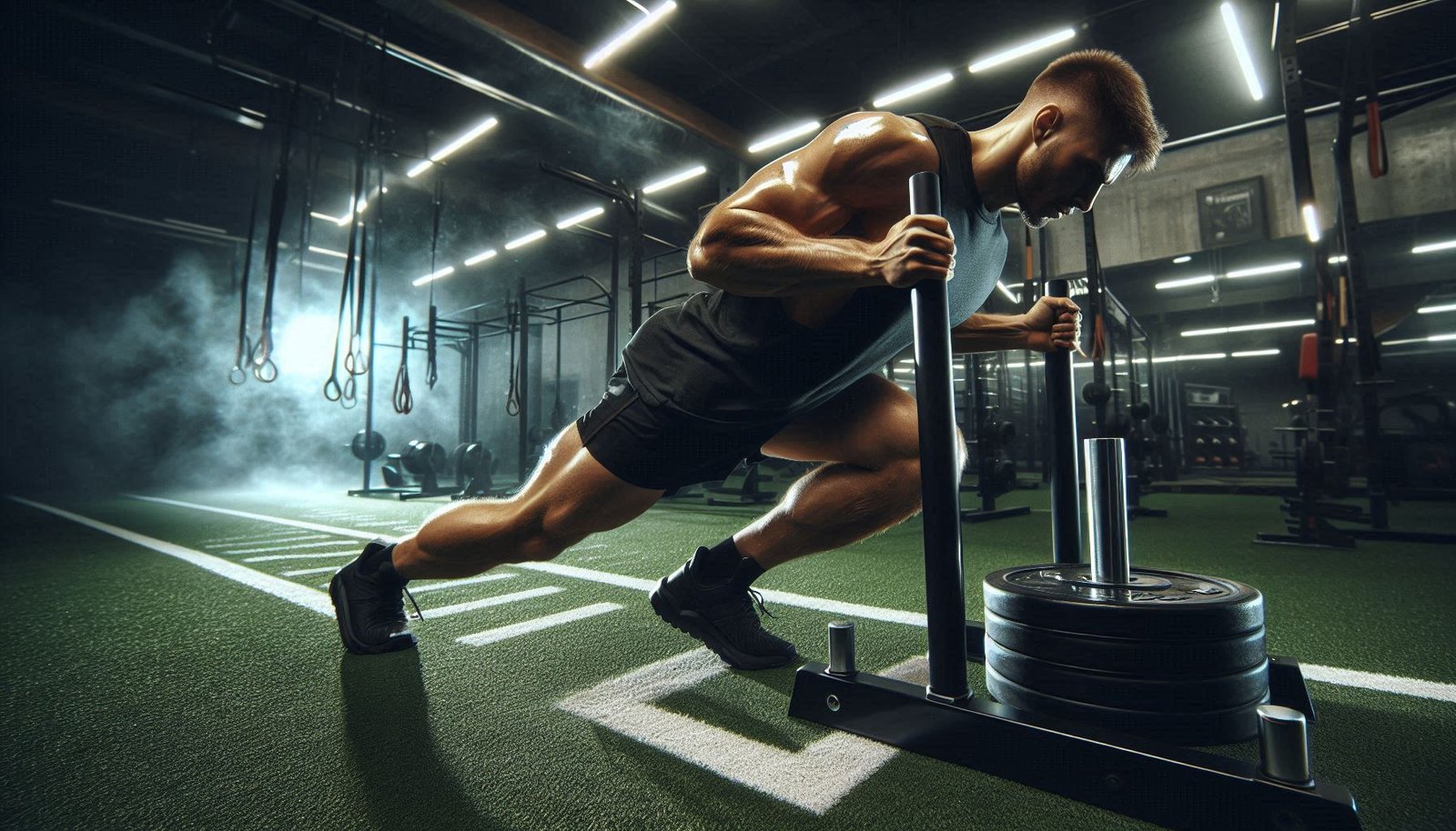 Person performing power sled push exercise in gym for strength and endurance training.