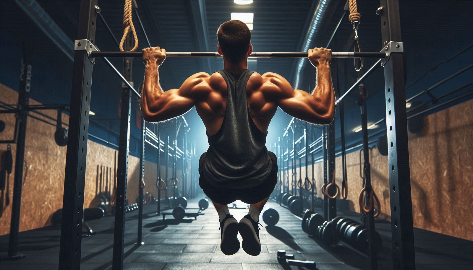 Individual performing pull-ups on a bar in a gym, focusing on upper body strength and muscle development as part of a bodybuilding program.