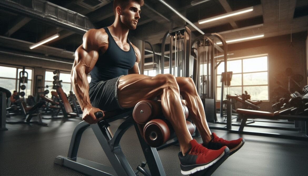 Quadriceps Exercise: Leg Extensions for Strong and Defined Thigh Muscles Individual performing a leg extension exercise, focusing on quadriceps engagement and strength.