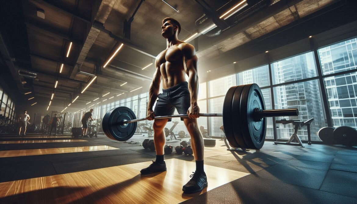 Romanian Deadlift Exercise Person performing a Romanian deadlift exercise with barbell, targeting the hamstrings and glutes.