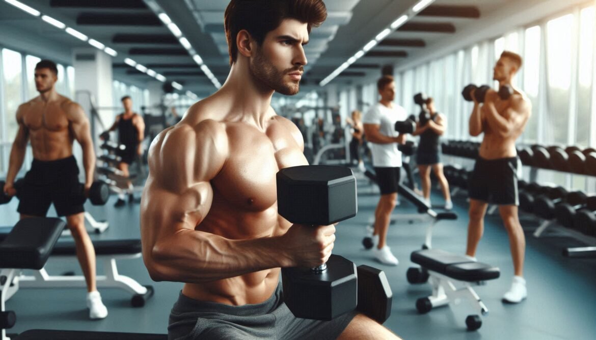 Shoulder Exercise Individual performing a dumbbell shoulder press in a gym, focusing on shoulder strength and muscle engagement.