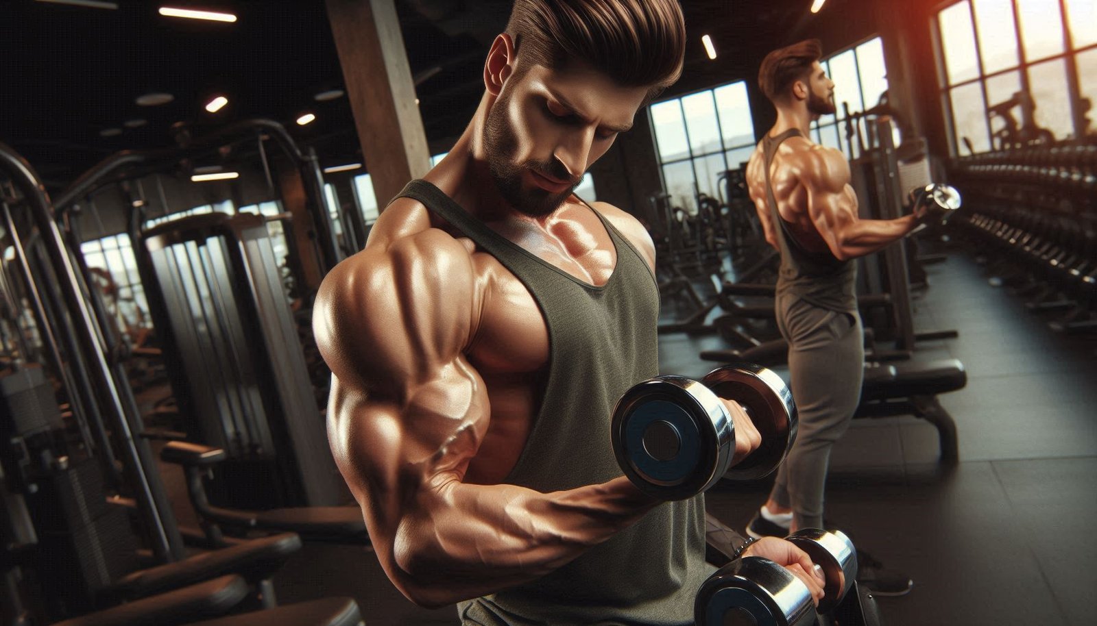 Person performing single-joint exercise bicep curl with a dumbbell in a gym setting, focusing on muscle isolation.