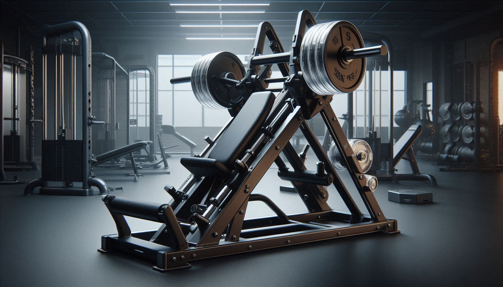 Sled angled press machine in a gym with weight plates attached, designed for leg and lower body strength training.