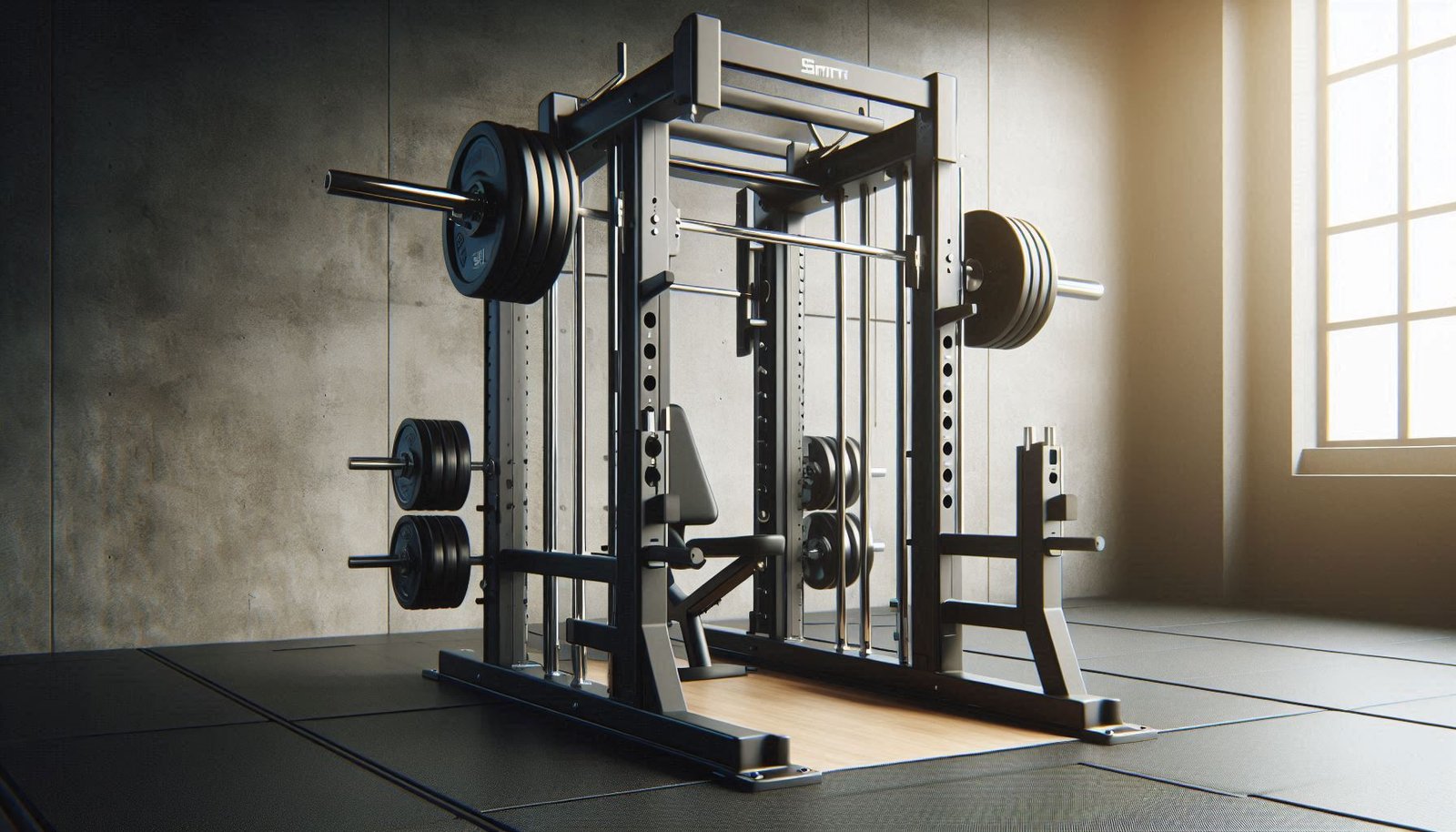 Smith machine in a gym with barbell and weight plates, designed for controlled weightlifting exercises such as squats and bench presses.