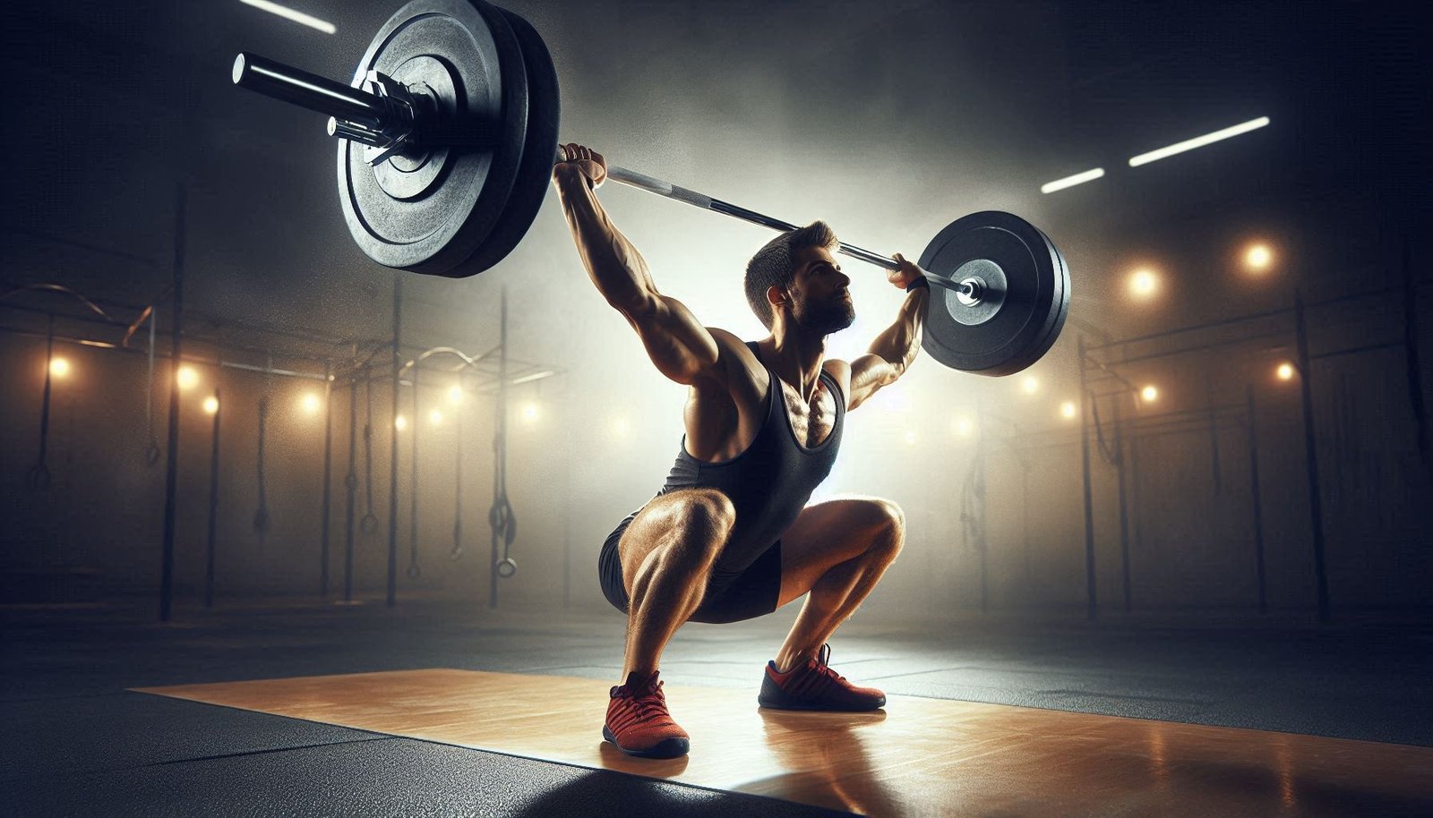 Athlete performing a snatch exercise, lifting a barbell overhead in a single explosive motion.