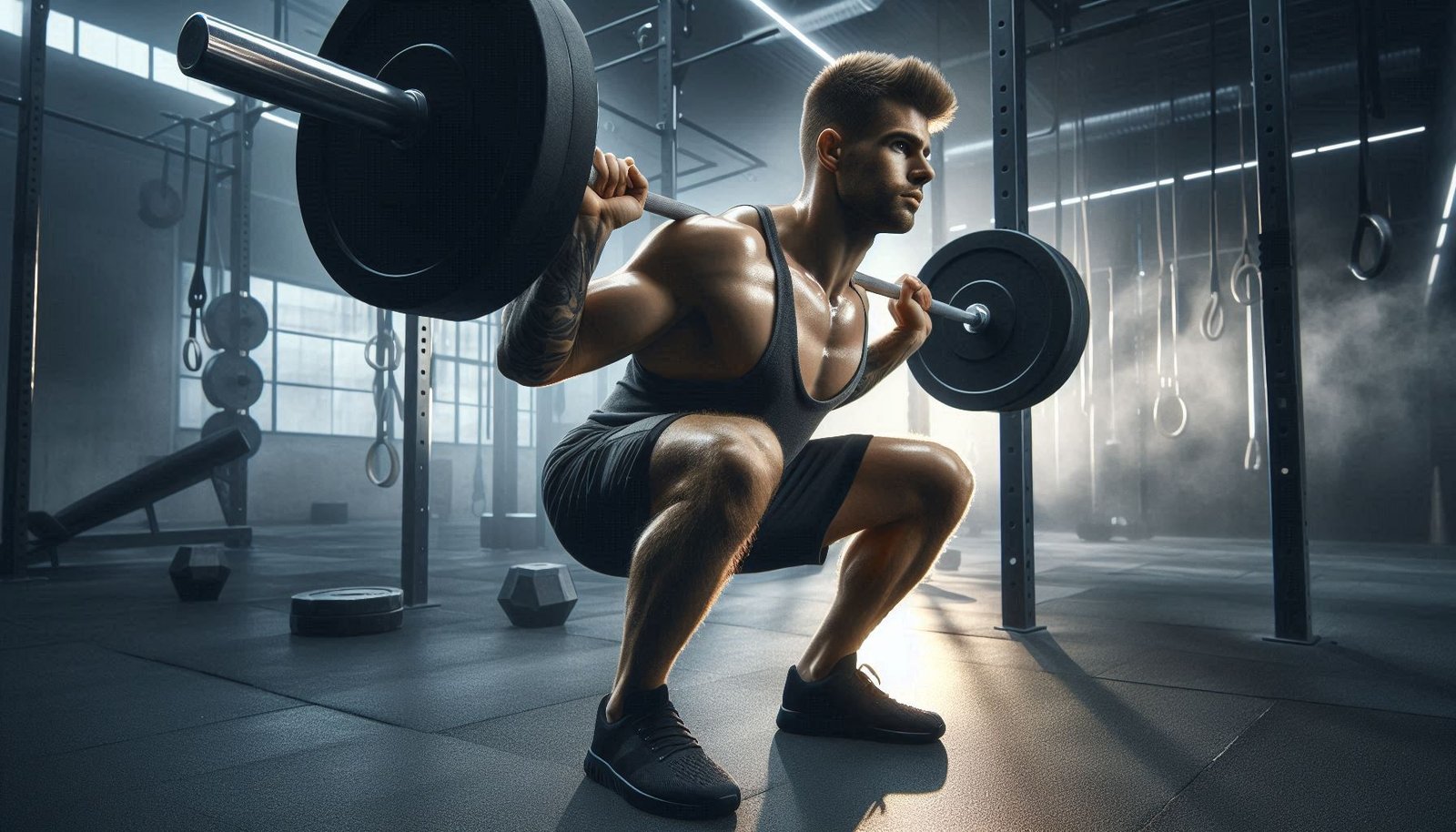 Person performing a squat exercise with proper form, focusing on leg and core strength.