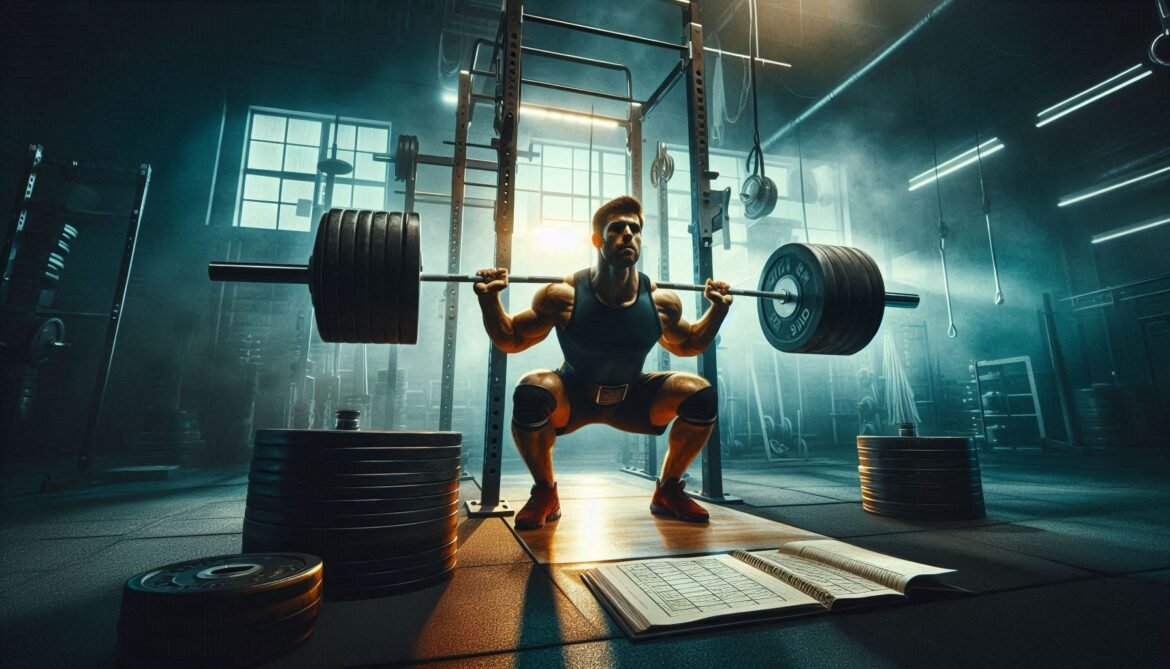 StrongLifts 5×5 Program Individual performing a barbell squat in a gym as part of the StrongLifts 5×5 program, focused on building strength with 5 sets of 5 reps.