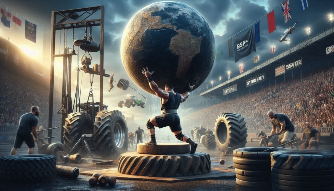 Strongman Strongman athlete lifting an atlas stone during a competition, surrounded by iconic equipment and a cheering crowd in an outdoor arena.