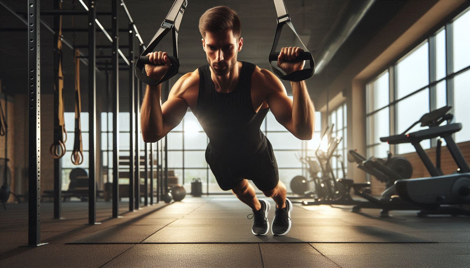 Person performing a plank with suspension straps, engaging core and upper body muscles in a gym setting.