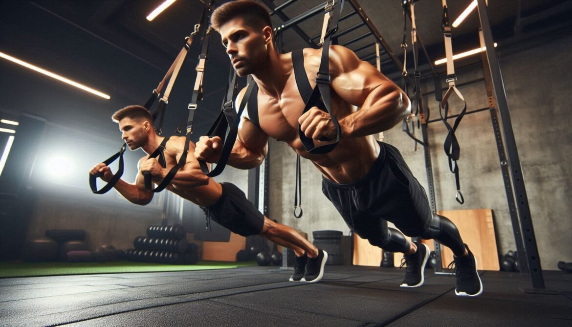 Suspension Straps Bodybuilding Program for Full-Body Strength and Muscle Growth Person performing strength exercises with suspension straps, focusing on core stability and muscle building in a bodybuilding program.