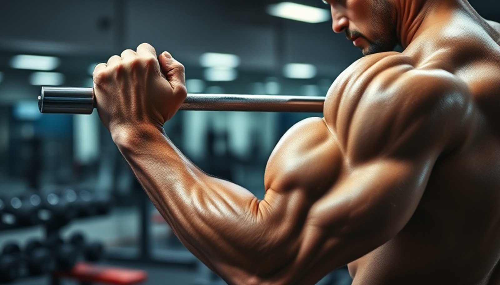 Individual performing a tricep pushdown with a cable machine in a gym, focusing on muscle engagement and proper form.