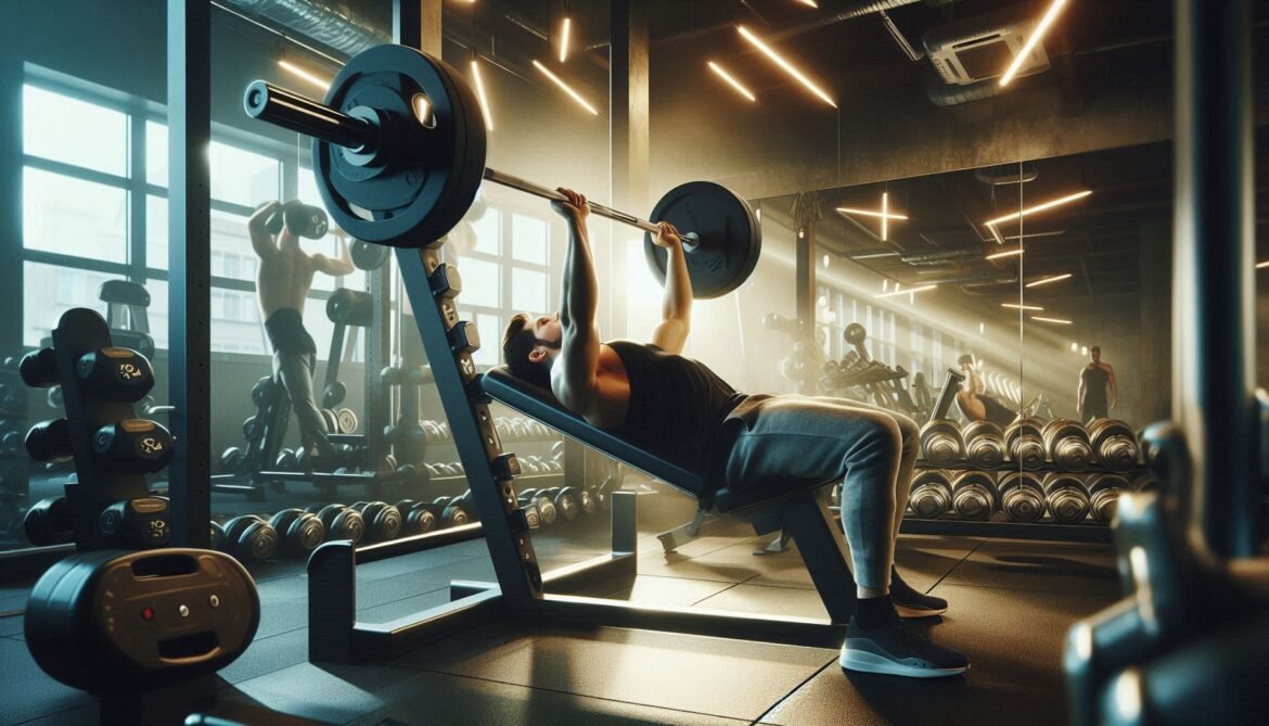 Upper Chest Workout Individual performing an incline bench press with a barbell in a modern gym, targeting upper chest muscles with proper form.
